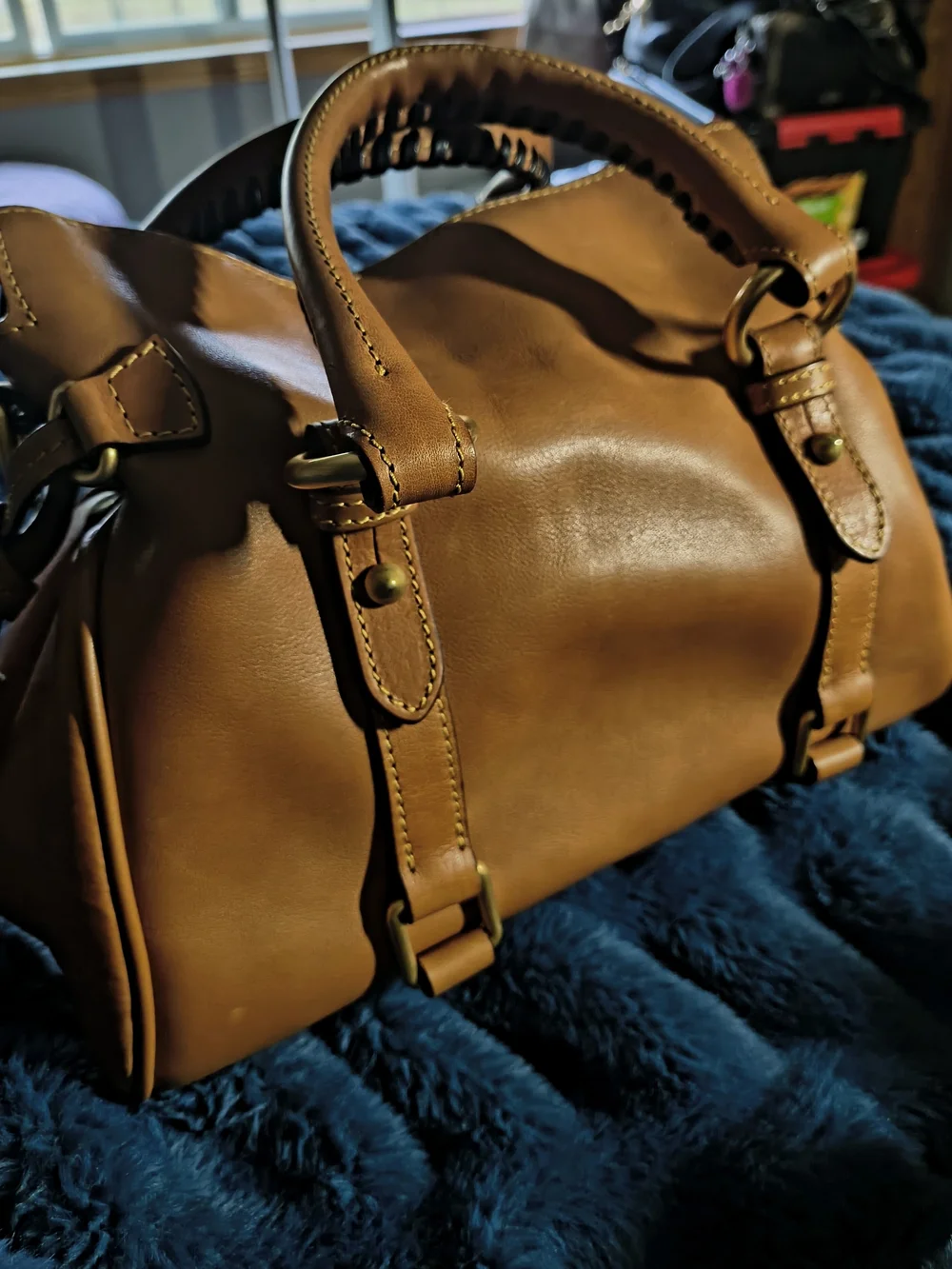 Dooney and Bourke Florentine Large Leather Satchel Handbag in Cognac Brown